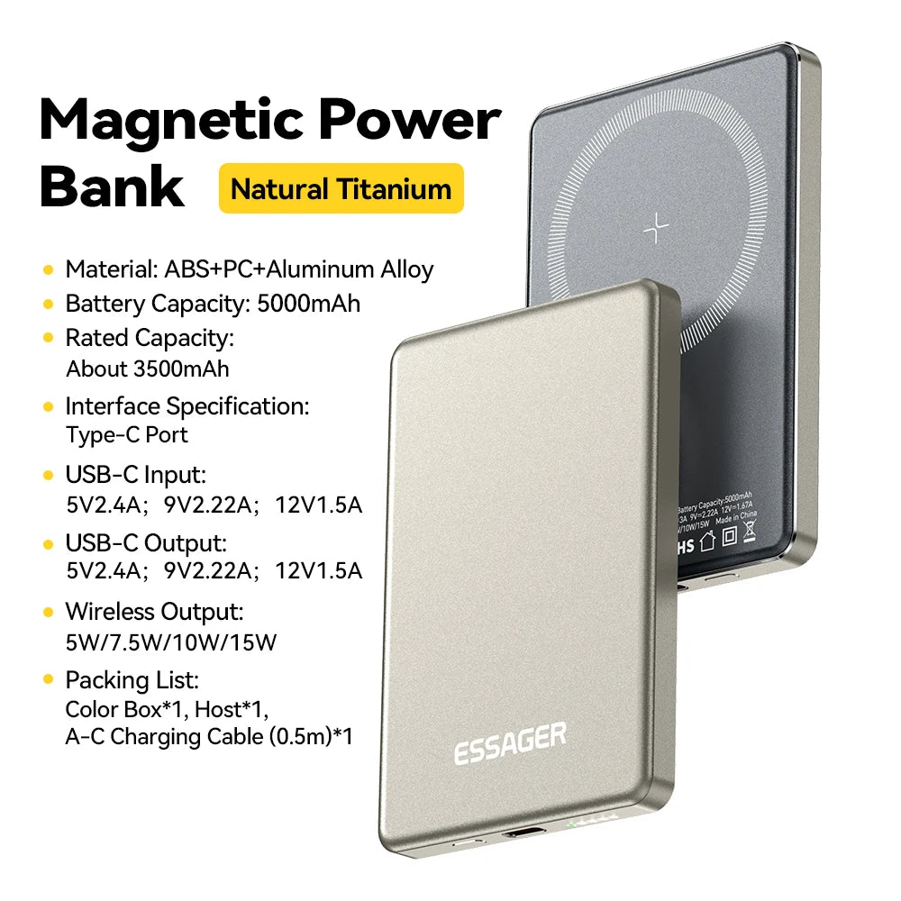 Essager Magnetic Wireless Power Bank 5000mAh 20W Slim MagSafe Portable Charger