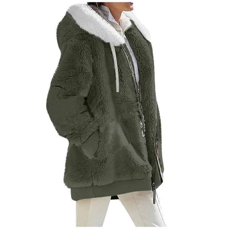 Women's Fleece Hooded Zip-Up Coat – Casual Warm Jacket for Fall & Winter