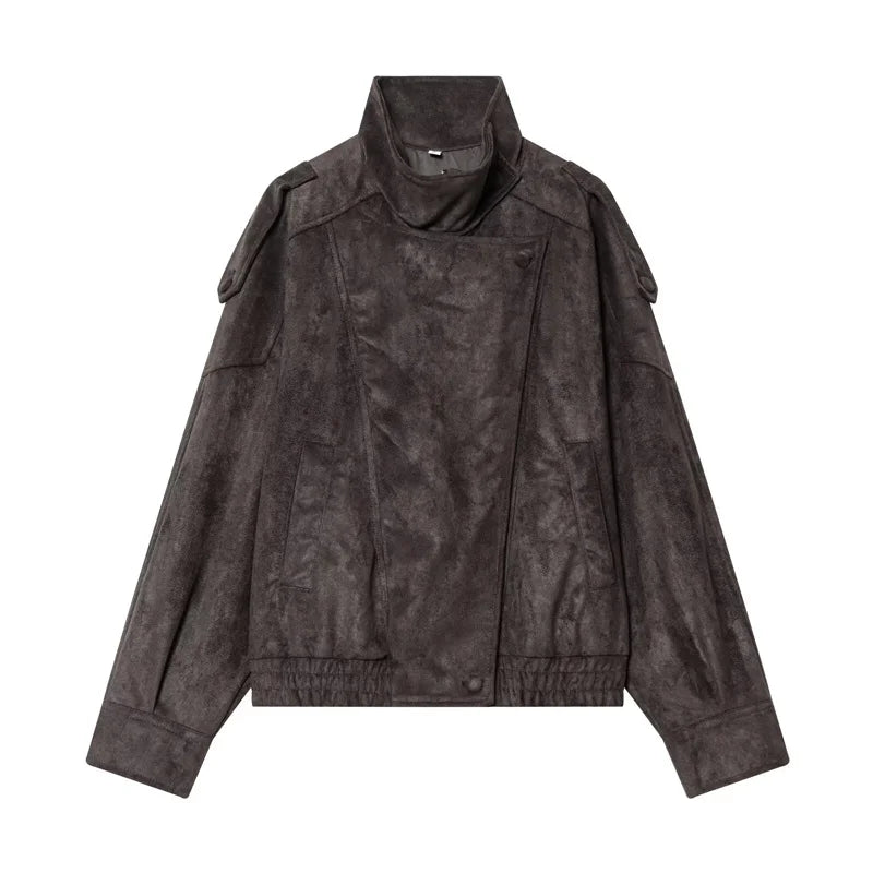 Women's Faux Leather Jacket – Asymmetric Zip Stand Collar Coat