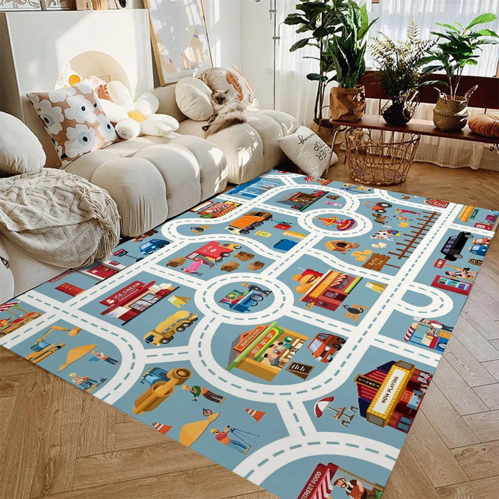 Kids Car Play Mat Rug – City Road Map Non-Slip Playroom Rug
