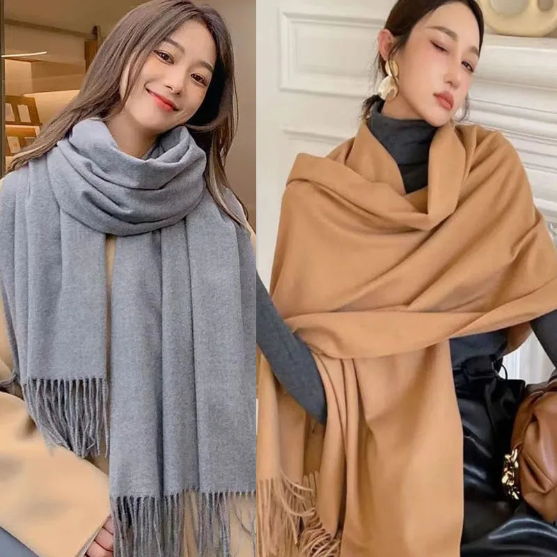 Cashmere-Feel Solid Scarf – Women's Warm Winter Wrap with Fringe