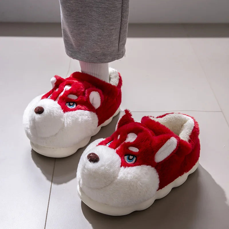 Husky Dog Fluffy Slippers – Cute Cartoon Indoor House Shoes