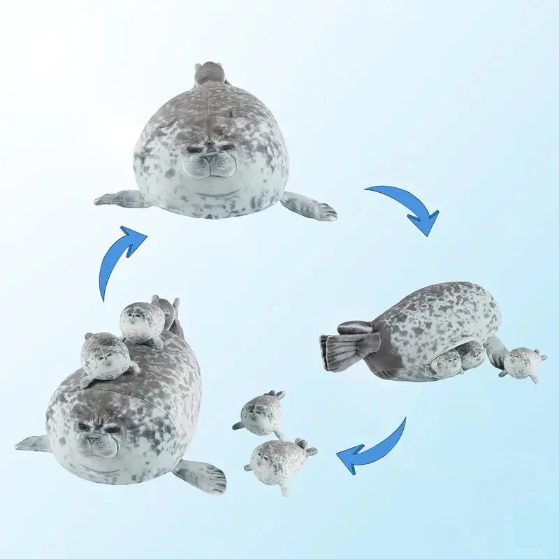 Mama Seal Plush Toy Set – Mother & 4 Baby Seals with Zipper Pouch