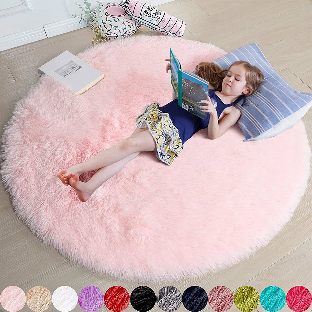 Round Fluffy Shag Area Rug – Soft Plush Circle Carpet for Kids & Girls Room