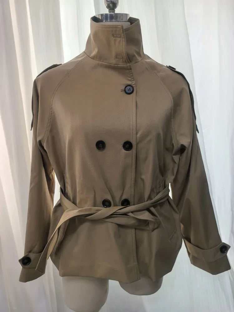 Women's Cropped Trench Coat – Belted Double-Breasted Stand Collar Jacket