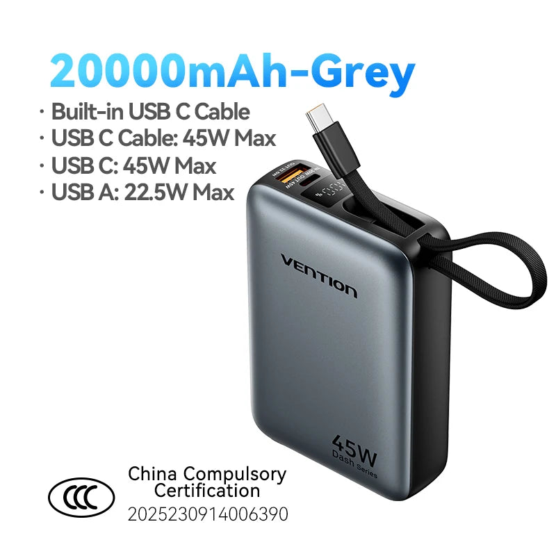 Vention 20000mAh Power Bank 45W Fast Charging with Built-In USB-C Cable