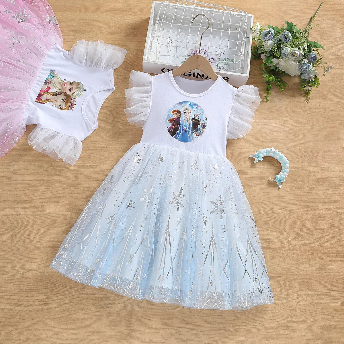 Frozen Elsa & Anna Girls Dress with Tulle Skirt