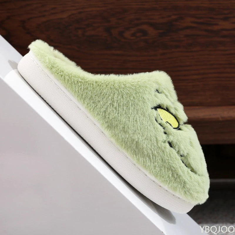 Green Monster Plush Slippers – Cozy Fuzzy Indoor Home Shoes