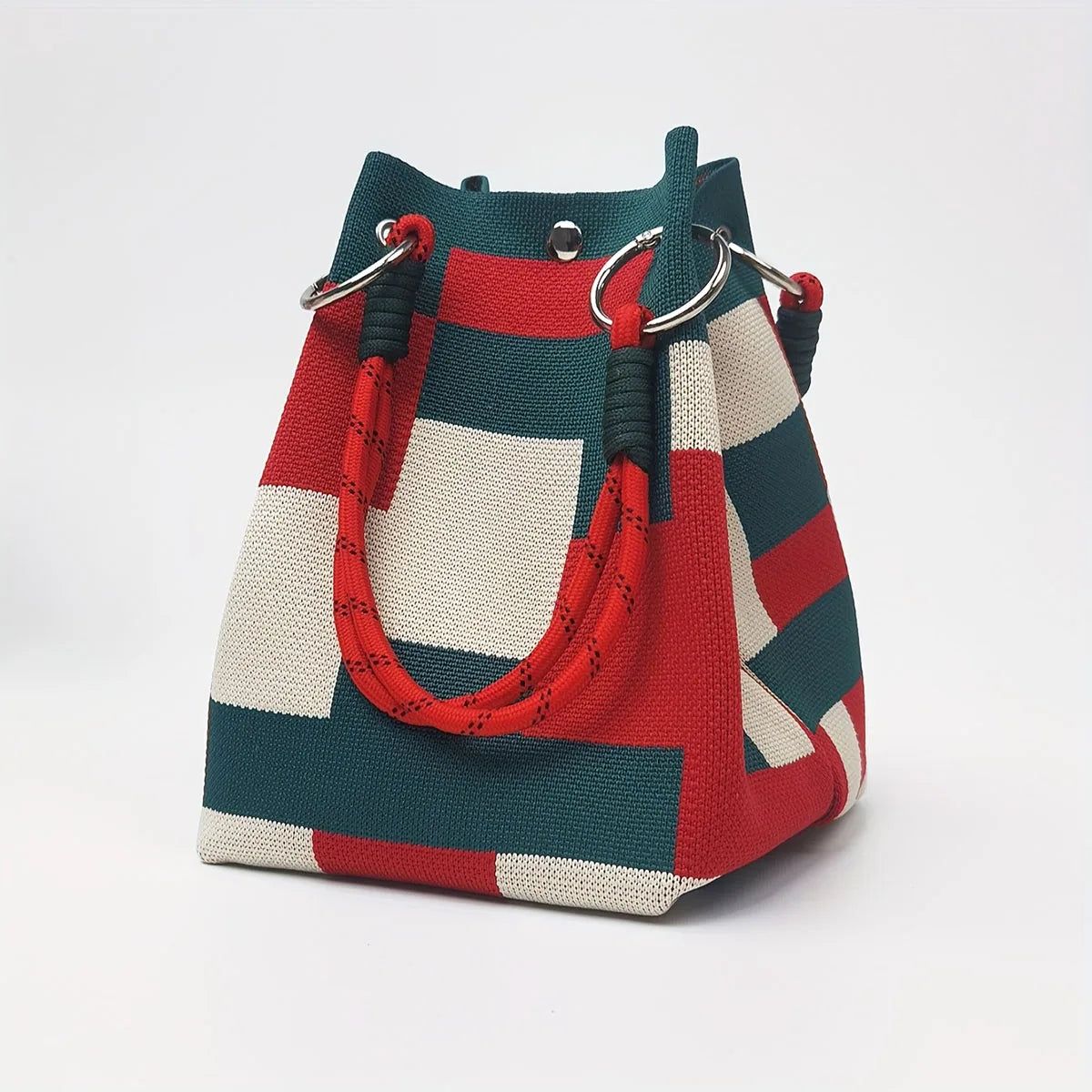 Color-Block Knitted Bucket Bag – Retro Striped Handbag