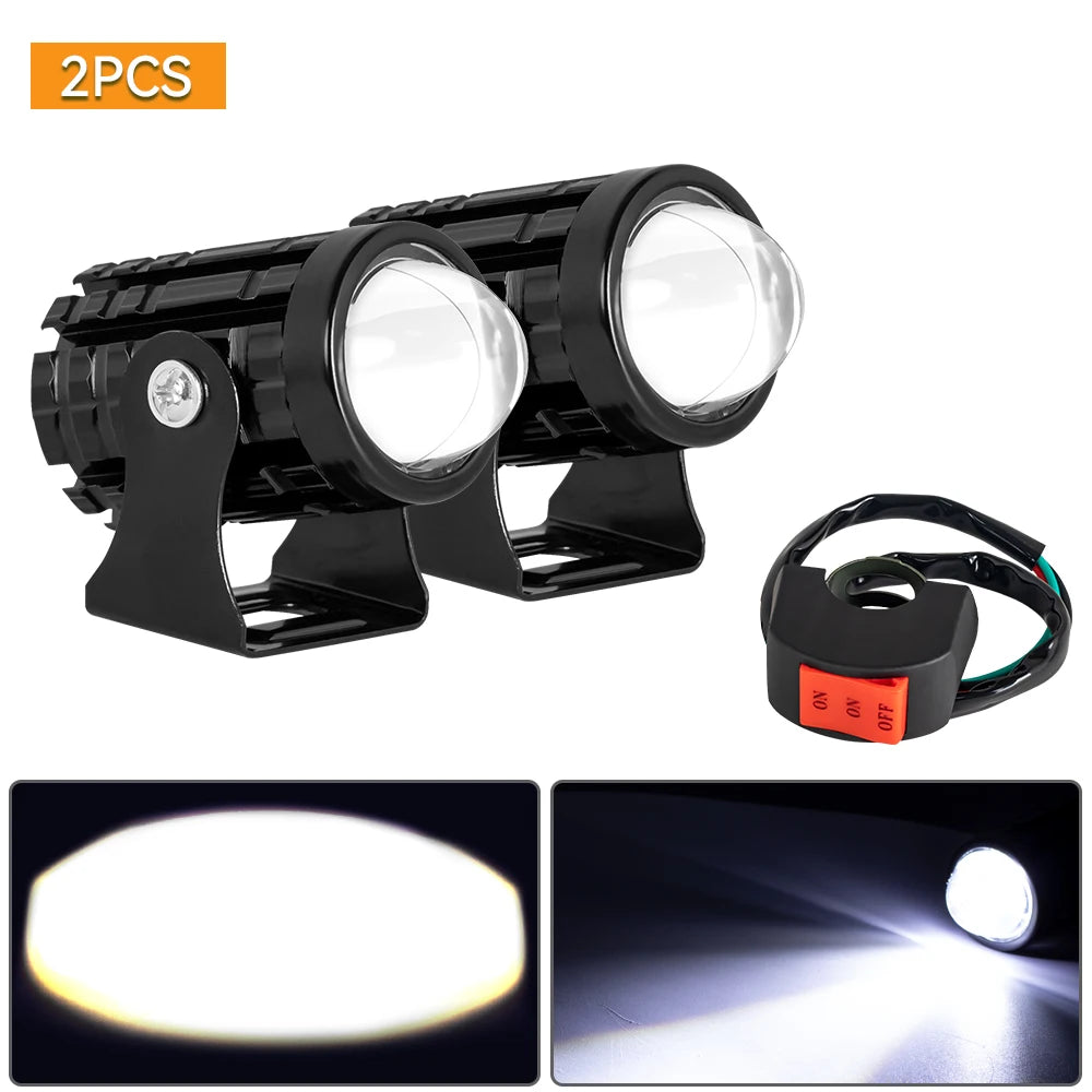 Motorcycle LED Projector Headlight – Dual Color Fog & Driving Lamp for ATV Scooter