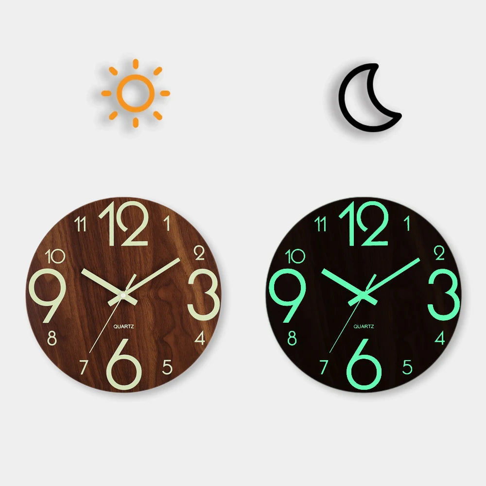 Luminous Wall Clock – Silent Wooden Nordic Glow-in-the-Dark Quartz Clock
