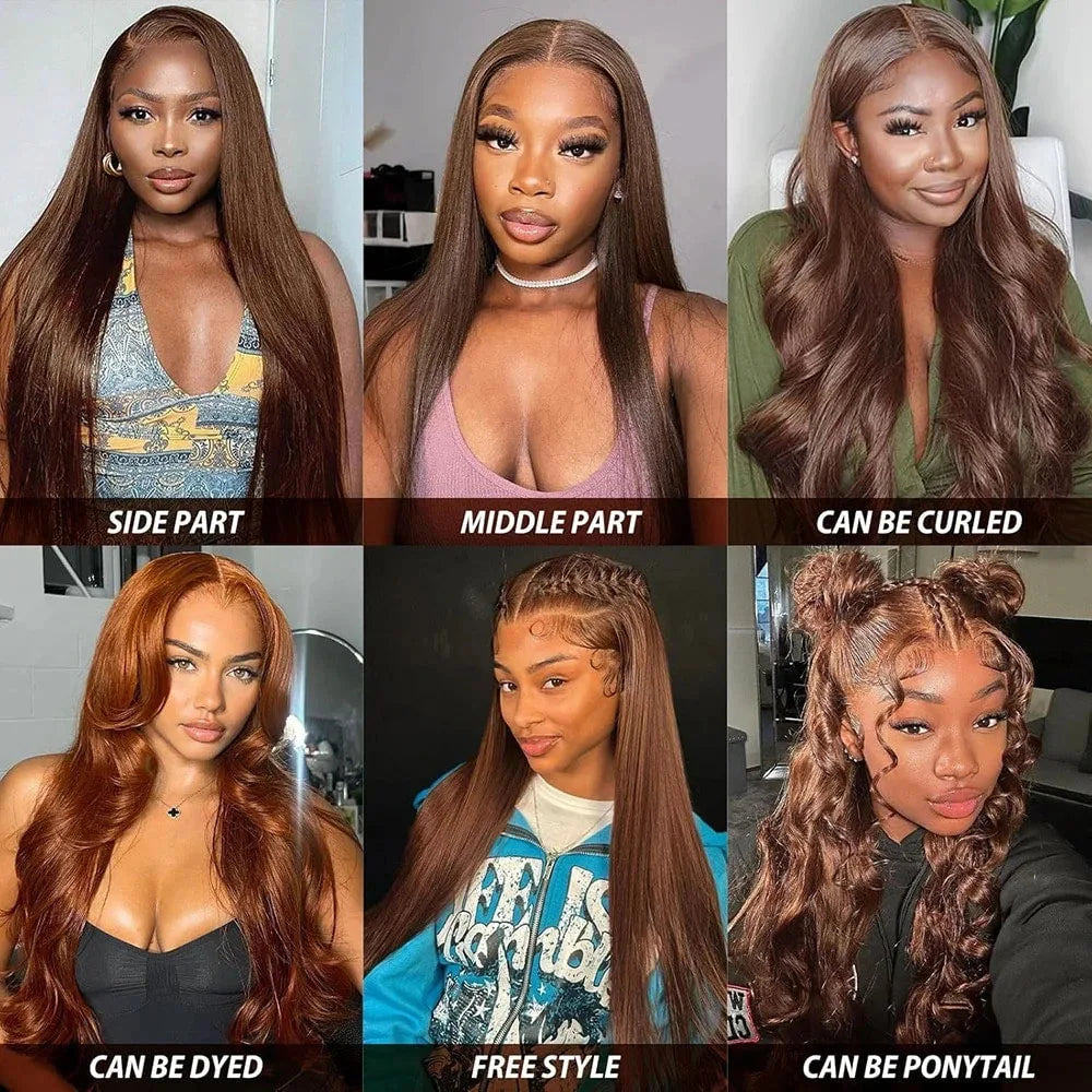 Chocolate Brown 13x4 Lace Front Human Hair Wig – Straight, Pre-Plucked, 16–34 Inch