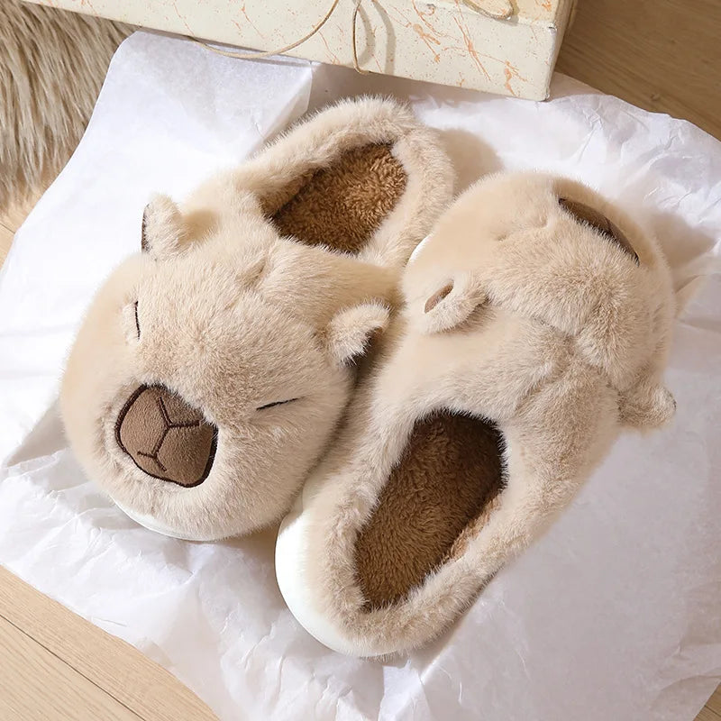 Capybara Cotton Slippers – Warm Fur Indoor Slides for Men & Women