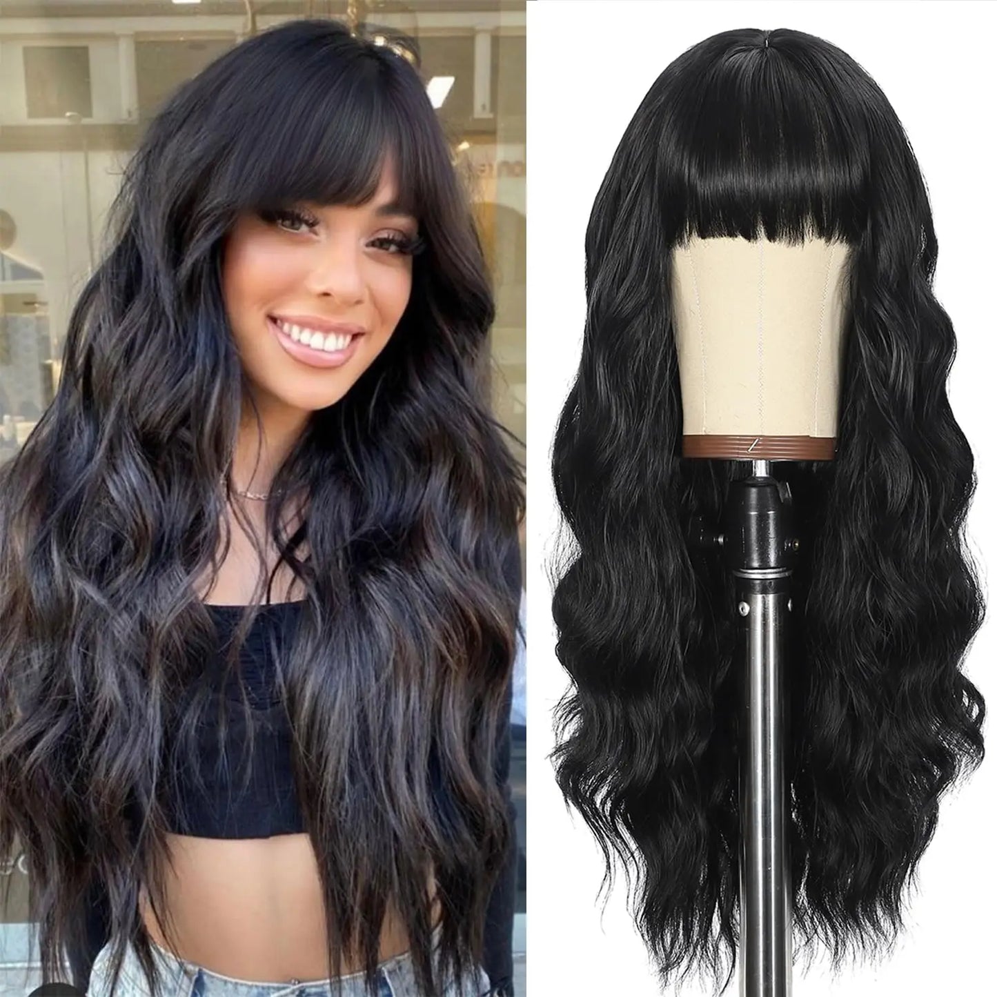 Long Wavy Synthetic Wig with Bangs – 26 Inches, Multiple Colors
