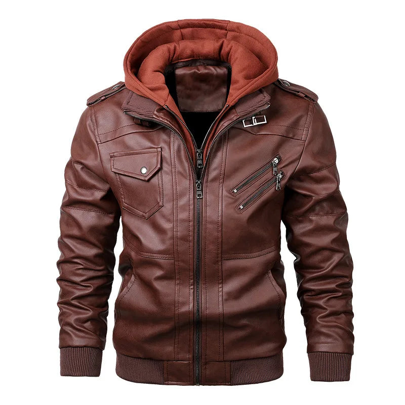 Men's PU Leather Motorcycle Jacket – Hooded Biker Coat with Zip Pockets
