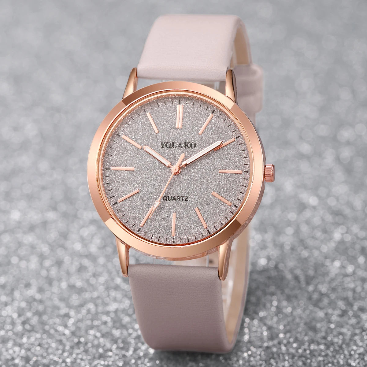 Women's Quartz Watch with Matte Glitter Dial & Leather Band