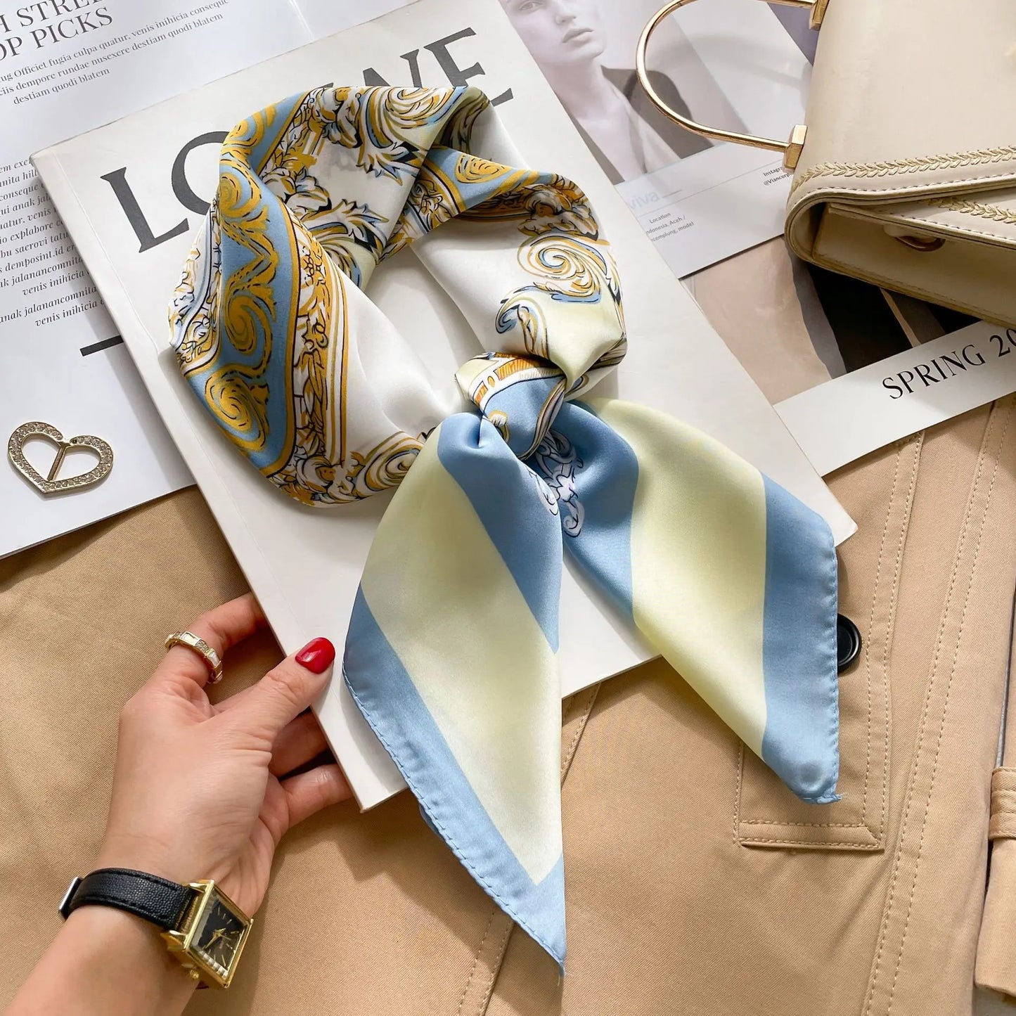 Silk-Feel Square Scarf – Women's Satin Print Neckerchief & Hair Band