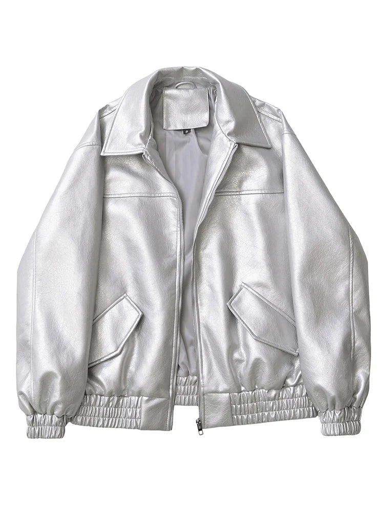 Faux Leather Jacket Women Loose Retro Zip Streetwear Coat