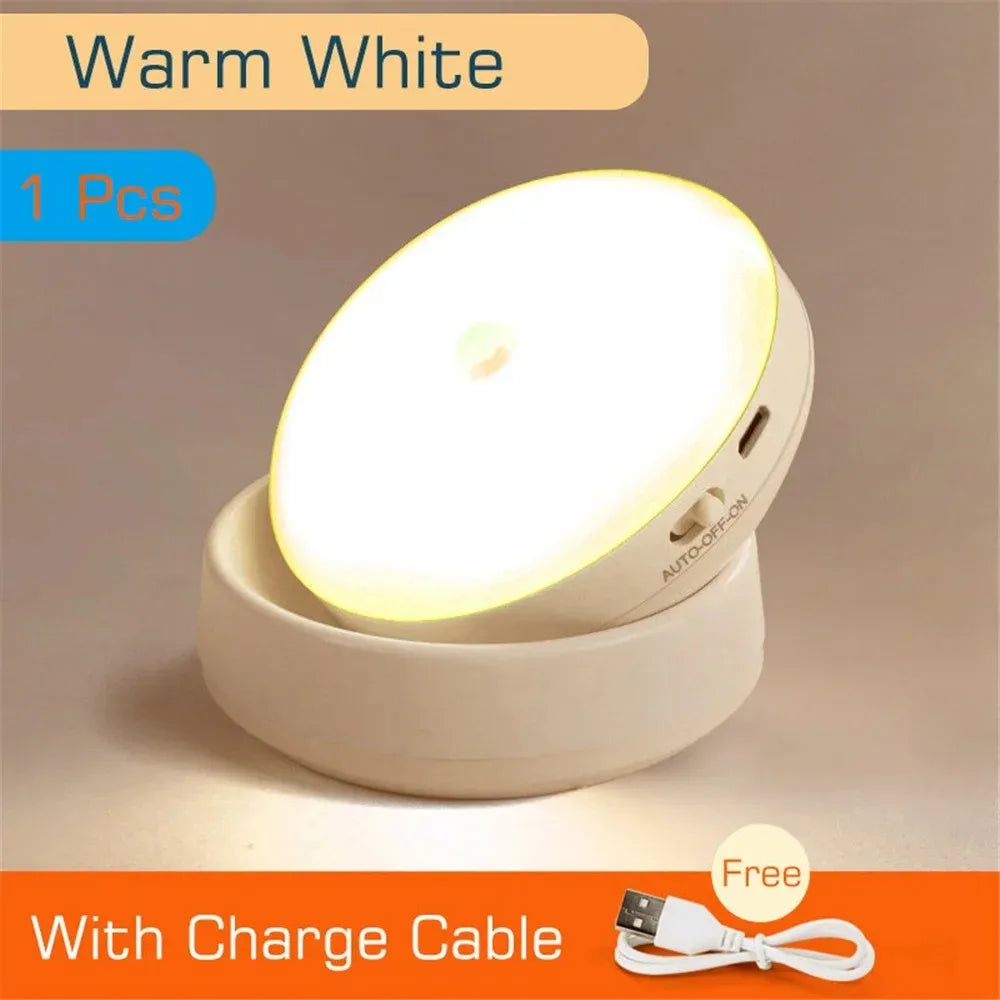 Motion Sensor Round LED Night Light – USB Rechargeable, Energy Saving