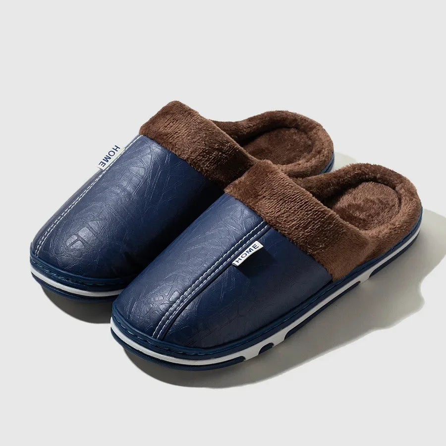 Winter Fur-Lined PU Leather Slippers – Unisex Plus Size