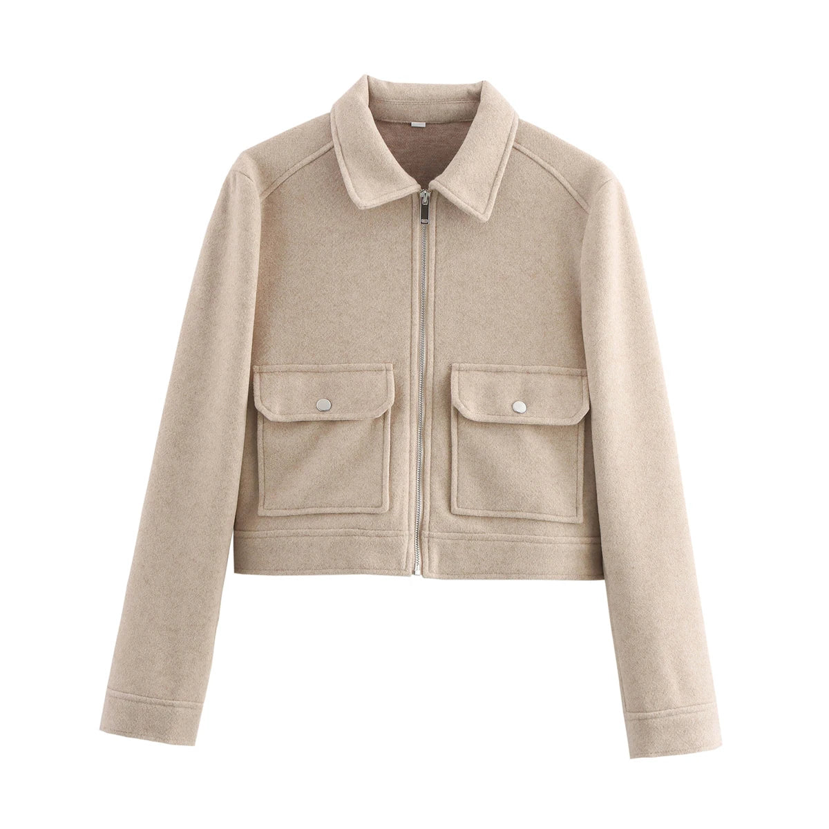 Women's Cropped Zip-Up Jacket – Short Elegant Coat with Snap Pockets
