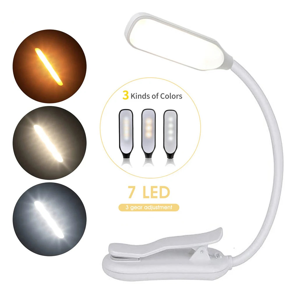 LED Book Light Clip-On – USB Rechargeable, 7 LEDs, 3 Color Modes