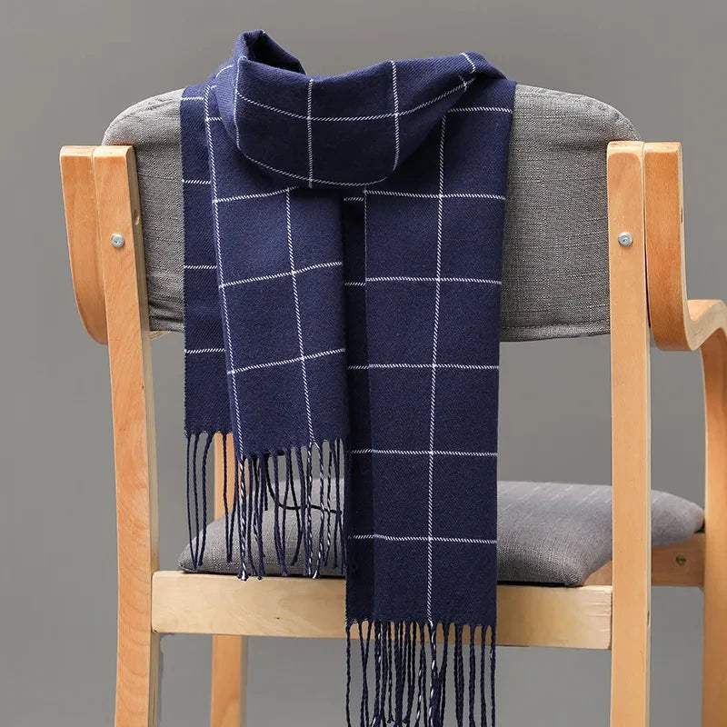 Men's Cashmere Winter Scarf – Plaid Pashmina Neckerchief with Tassels