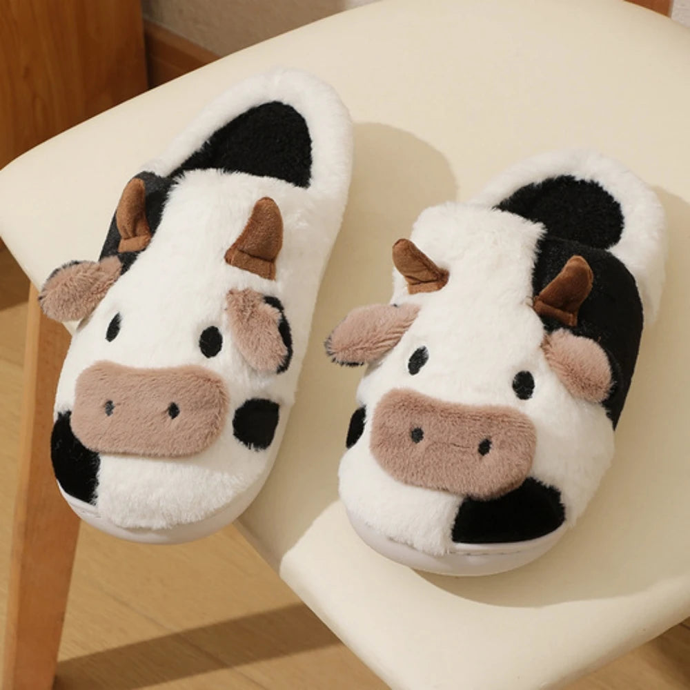 Cartoon Cow Plush House Slippers Warm Anti-Slip Indoor Shoes