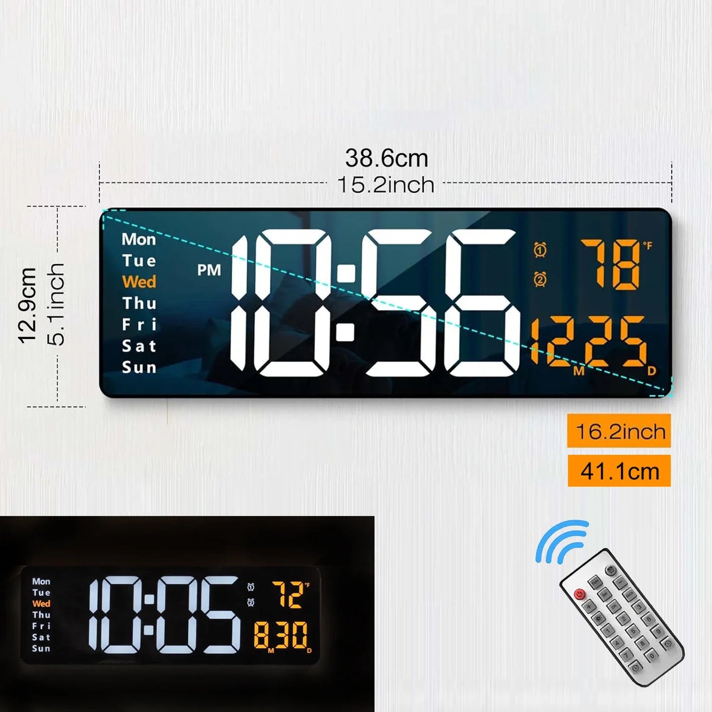 Large Digital Wall Clock with Remote Control & LED Display