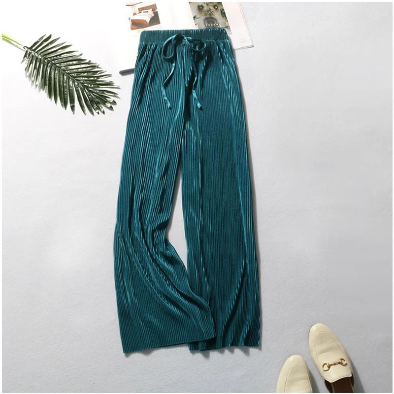 Wide Leg Pants for Women – Pleated Ice Silk Elastic Waist