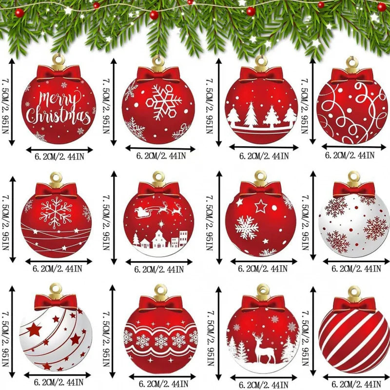 Christmas Ball Ornaments Set of 12 – Red & White Wooden Tree Decorations