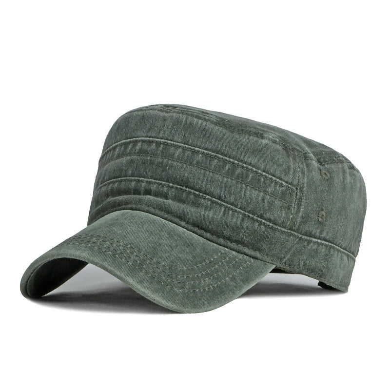 Military Flat Top Cap – Washed Cotton Army Hat for Men & Women