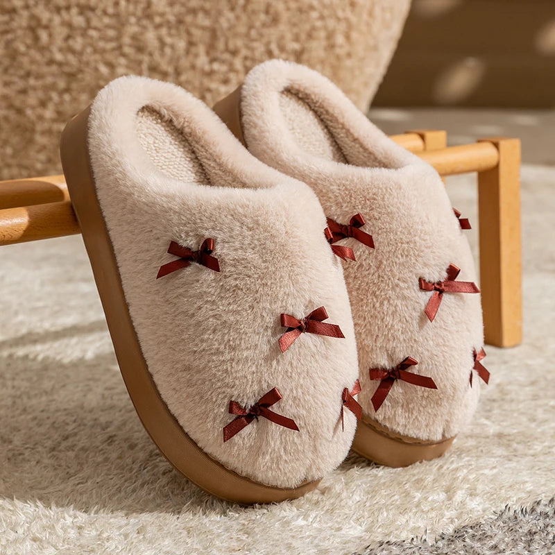 Women's Bow Plush Slippers – Warm Non-Slip Indoor House Shoes