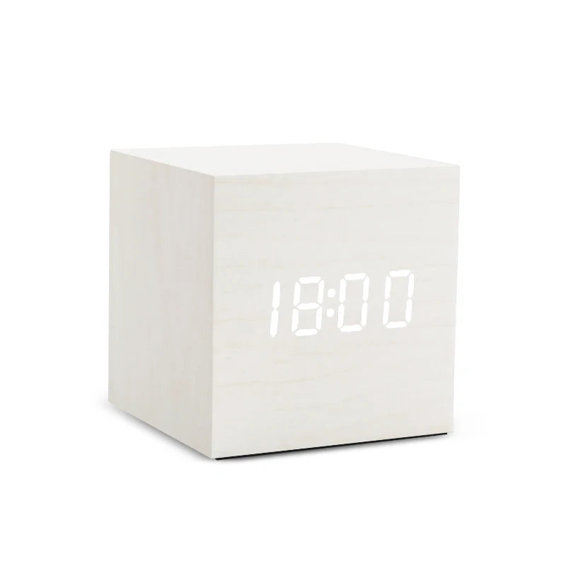 Wooden LED Digital Alarm Clock – Voice Control, Temp & Humidity
