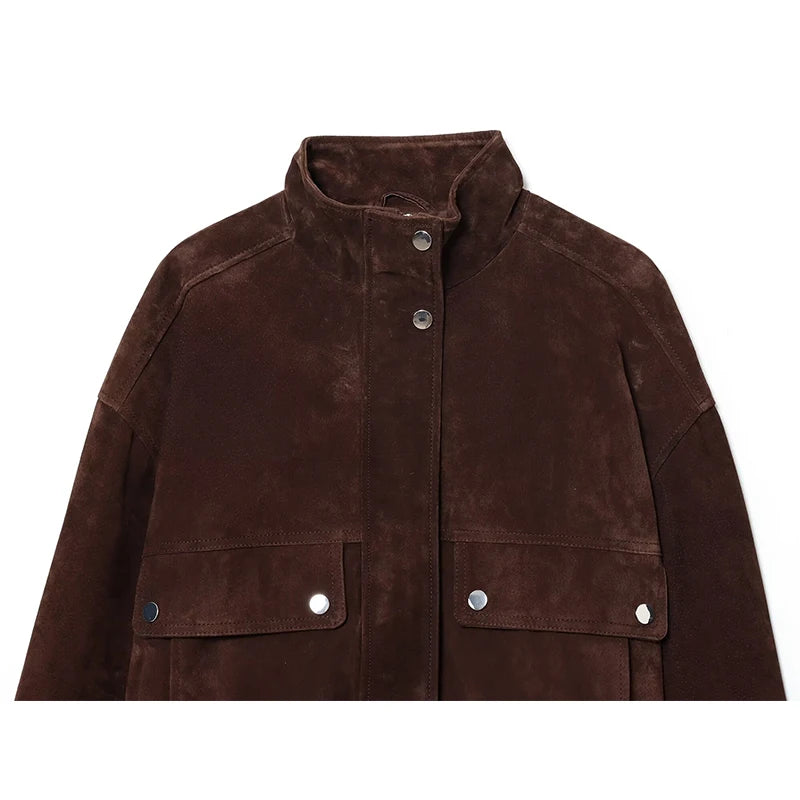 Women's Brown Suede Bomber Jacket with Big Pockets