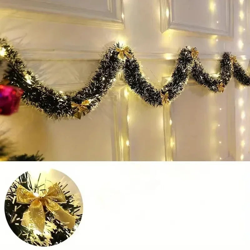 Christmas Tinsel Garland with LED Lights – 2M Metallic