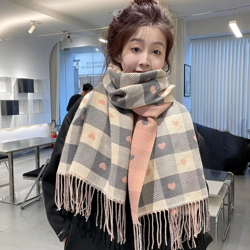 Women's Winter Cashmere Scarf – Plaid Character Print Shawl with Tassels