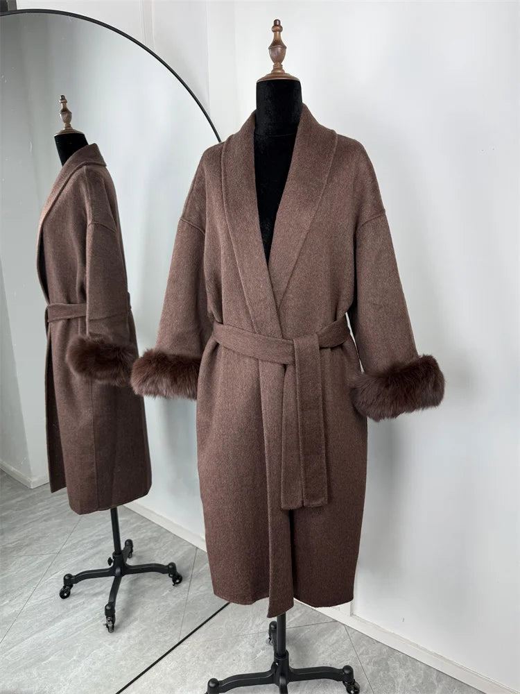 Women's Wool Coat with Fox Fur Cuffs & Belt – Elegant Short Overcoat