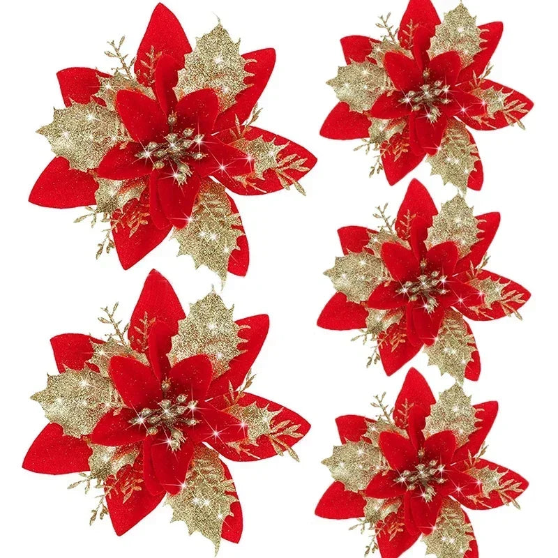 Glitter Artificial Christmas Poinsettia Flowers – Set of 5