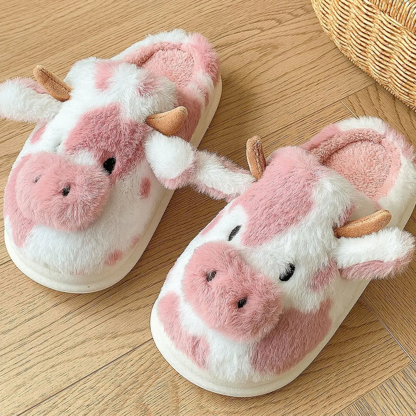 Cute Cow Fluffy Slippers for Women – Cozy Plush House Shoes