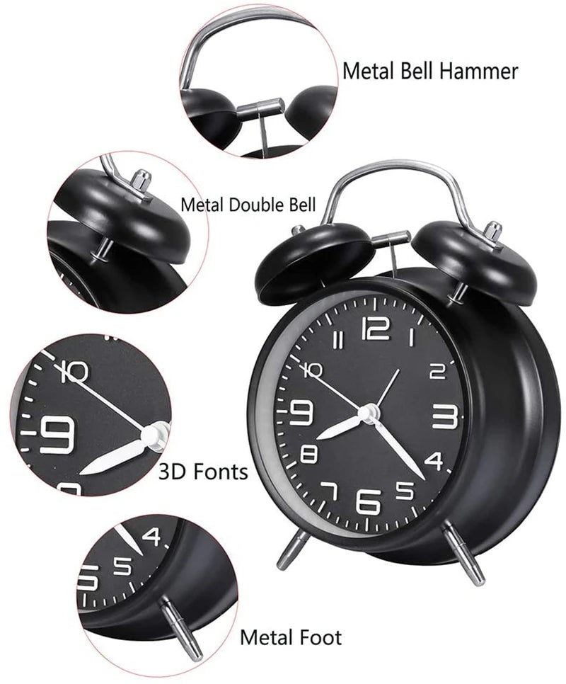 Twin Bell Alarm Clock – 4-Inch Loud Metal Desk Clock with Backlight & 3D Dial