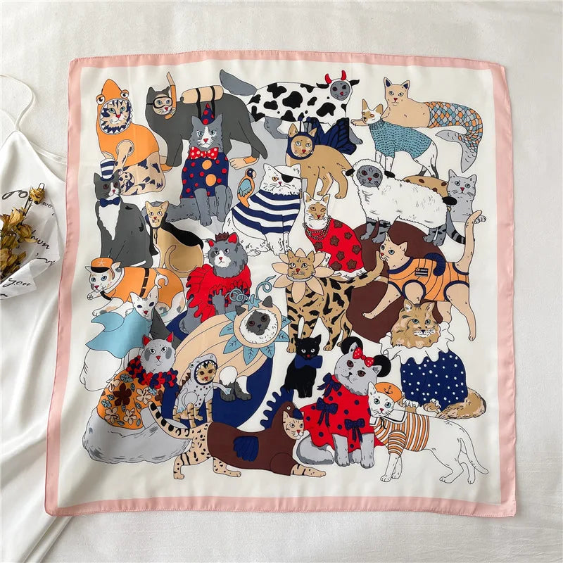 Satin Square Scarf Women Cute Cat Print Headscarf Neckerchief