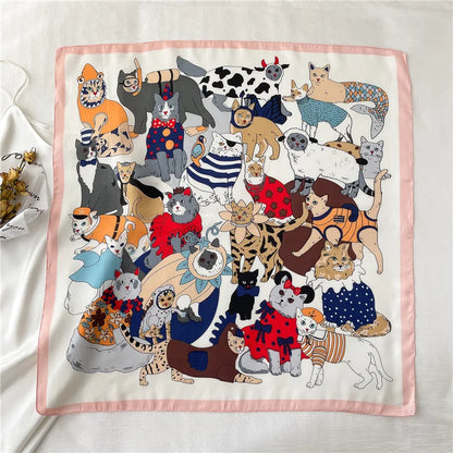 Satin Square Scarf Women Cute Cat Print Headscarf Neckerchief