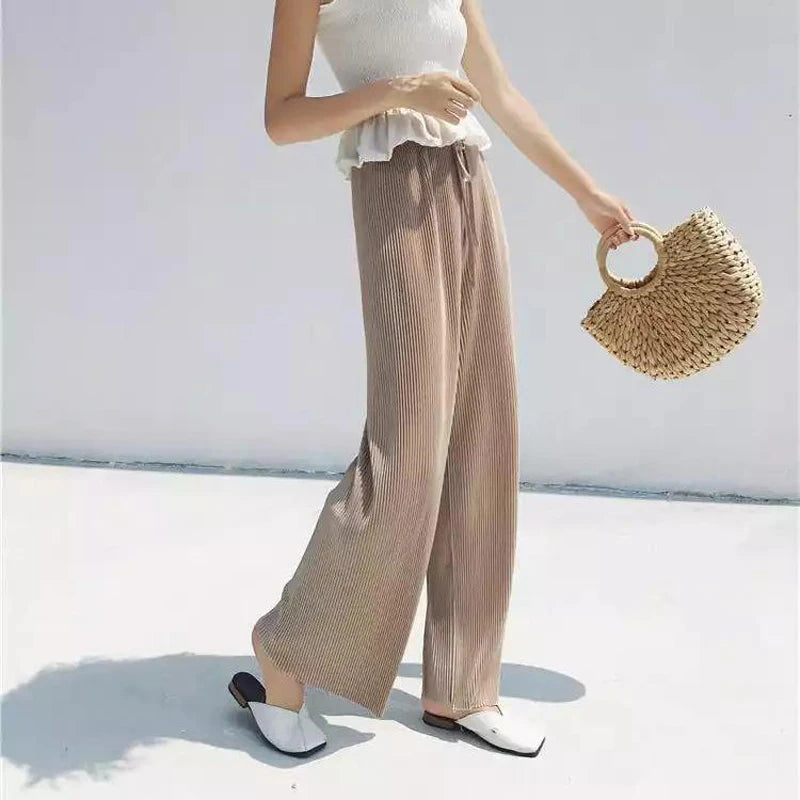 Wide Leg Pants for Women – Pleated Ice Silk Elastic Waist