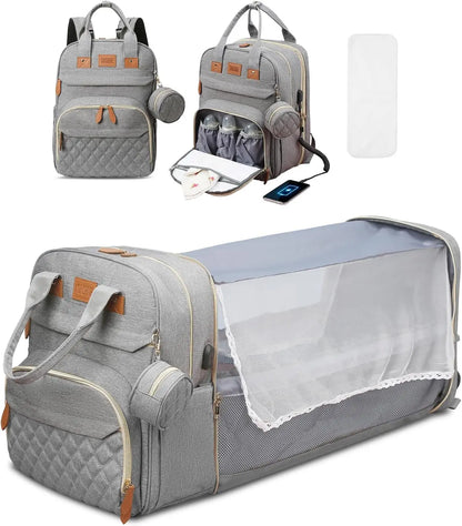 3-in-1 Diaper Bag Backpack with Foldable Baby Bed & USB Charge
