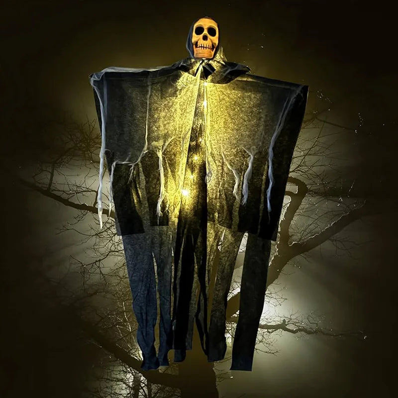 Halloween Hanging Skeleton Ghost Decoration – Glowing Skull with Gauze Robe