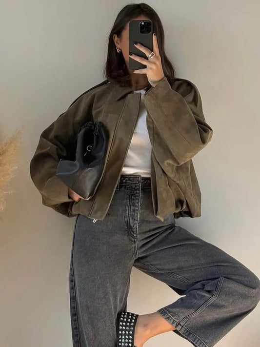 Women's Suede Bomber Jacket – Loose Vintage Lapel Zipper Coat
