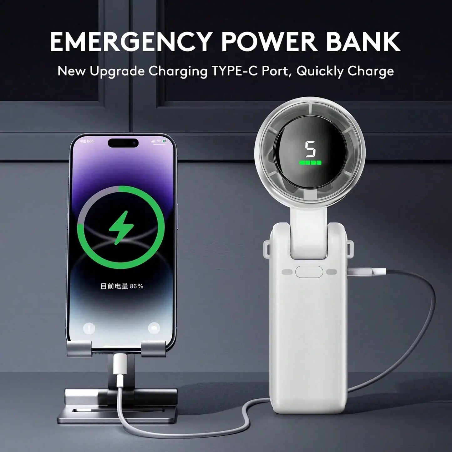Portable Handheld Fan – 5-Speed LED Display, Battery Operated