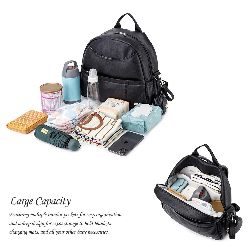 PU Leather Diaper Backpack – Large Capacity Waterproof Mom Bag