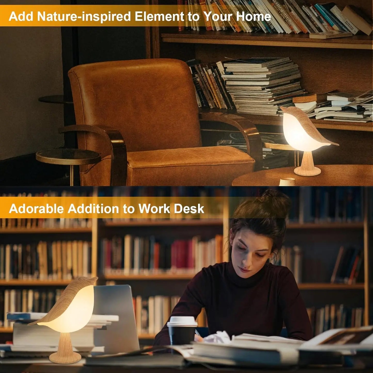 Bird Night Light Touch Lamp USB Rechargeable 3-Color Dimming Bedside Table Lamp